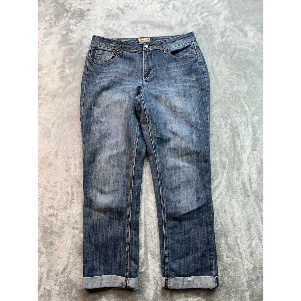 Earl Womens Sz 10 Blue Jeans Straight Cuffed Stretch Distress Whisker Fade Beach
